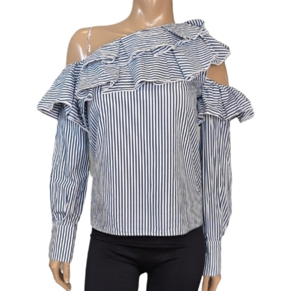 💠Leith Striped Ruffled Off Shoulder Blouse Womens Size Small Long Sleeve Top